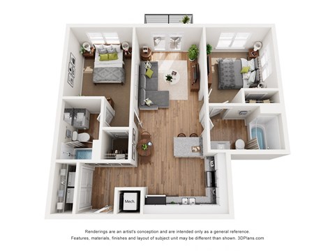 Floor plan for 2 beds, 2 baths, 900 sqft